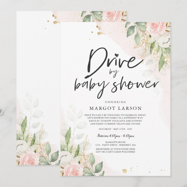 Drive By Baby Shower Invitation Greenery Pink Gold (Front/Back)