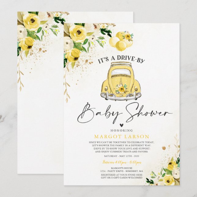 Drive By Baby Shower Invitation Yellow Floral (Front/Back)