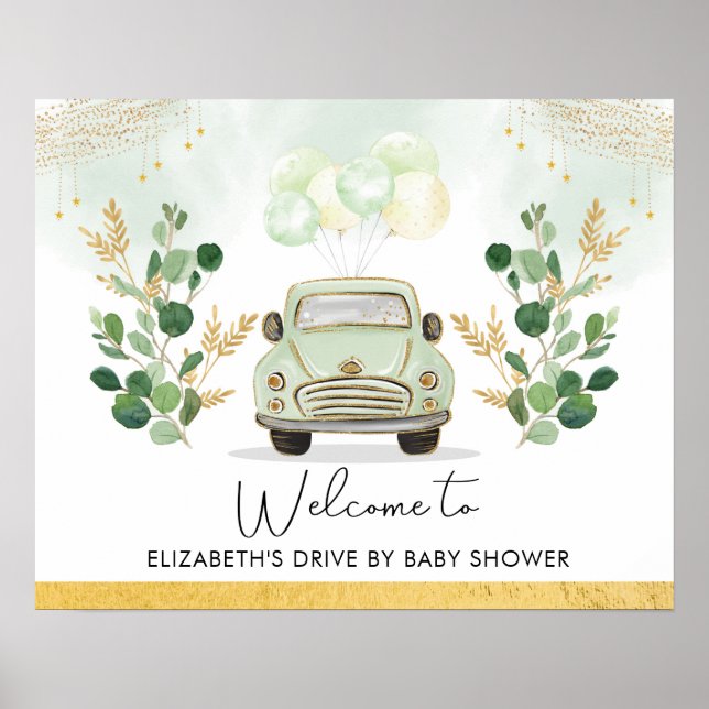 Drive By Baby Shower Parade Greenery Gold Welcome Poster (Front)
