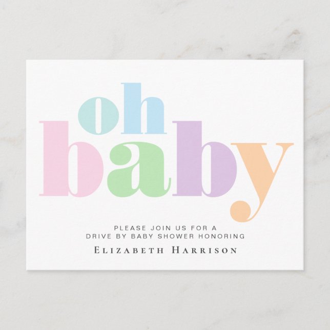 Drive By Baby Shower Pastel Typography Invitation Postcard (Front)