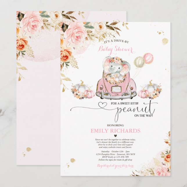 Drive By Baby Shower Pink Gold Elephant Pumpkin Invitation (Front/Back)