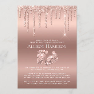 Drive By Baby Shower Rose Gold Glitter Invitation