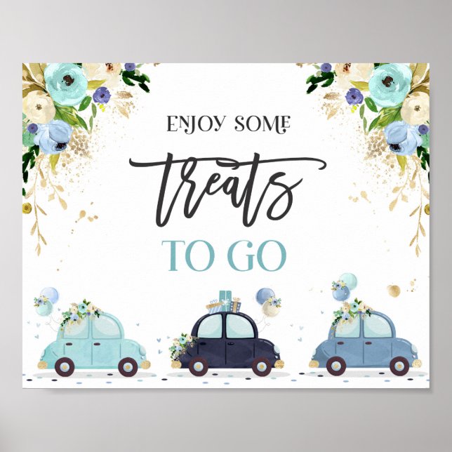 Drive By Baby Shower Treat Favour Sign Blue Floral (Front)