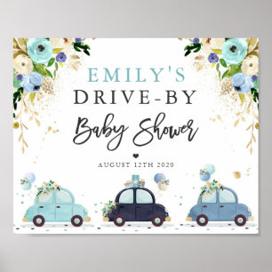 Drive By Baby Shower Welcome Sign Blue Floral