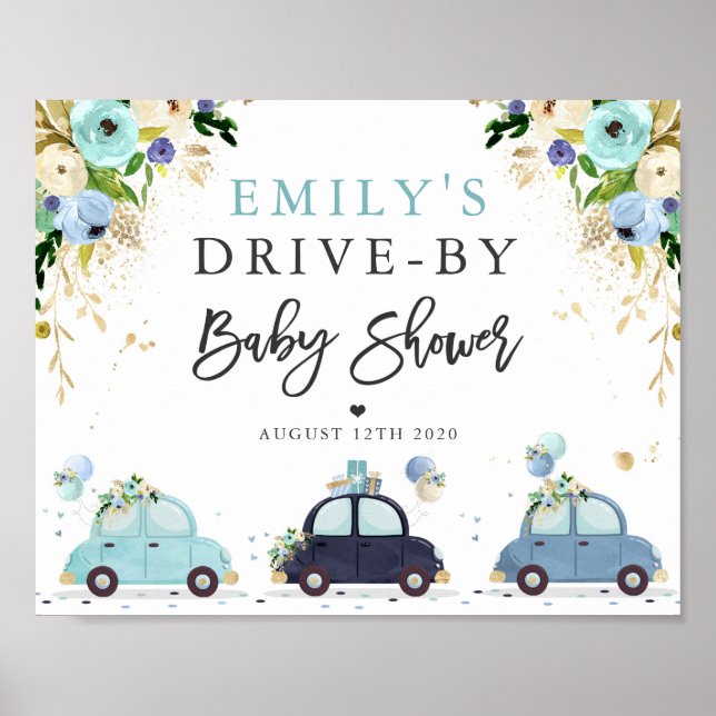 Drive By Baby Shower Welcome Sign Blue Floral (Front)