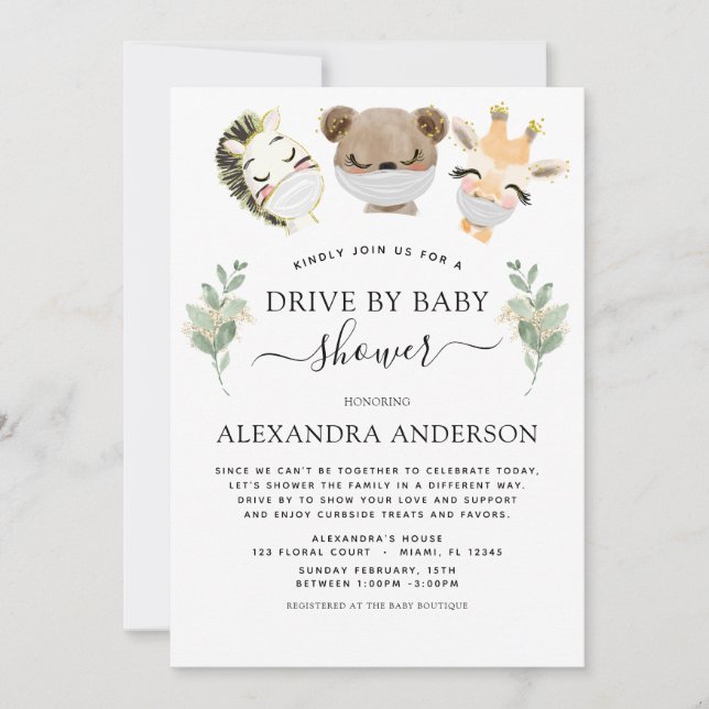 Drive By Baby Shower Woodland Eucalyptus Greenery Invitation (Front)