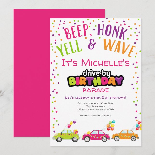 Drive by Birthday Parade, Girl birthday Invitation (Front/Back)