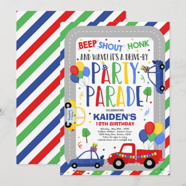 Drive By Birthday Parade Invitation Blue Parade (Front/Back)