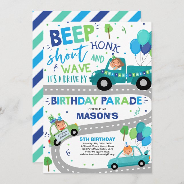 Drive By Birthday Parade Invitation Blue Parade (Front/Back)