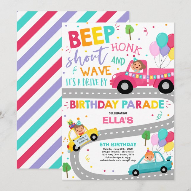 Drive By Birthday Parade Invitation Pink Parade (Front/Back)