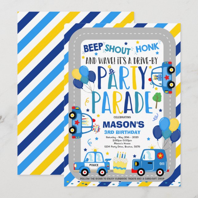 Drive By Birthday Parade Invitation Police Parade (Front/Back)