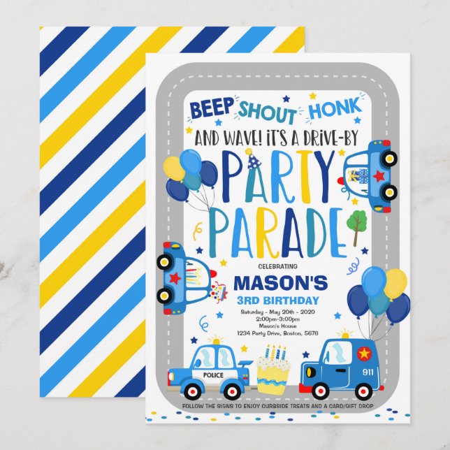Drive By Birthday Parade Invitation Police Parade (Front/Back)