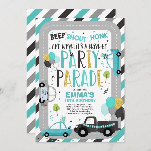 Drive By Birthday Parade Invitation Teal Parade (Front/Back)