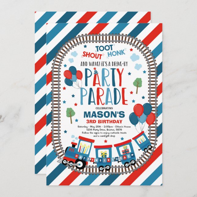 Drive By Birthday Parade Invite Choo Choo Train (Front/Back)