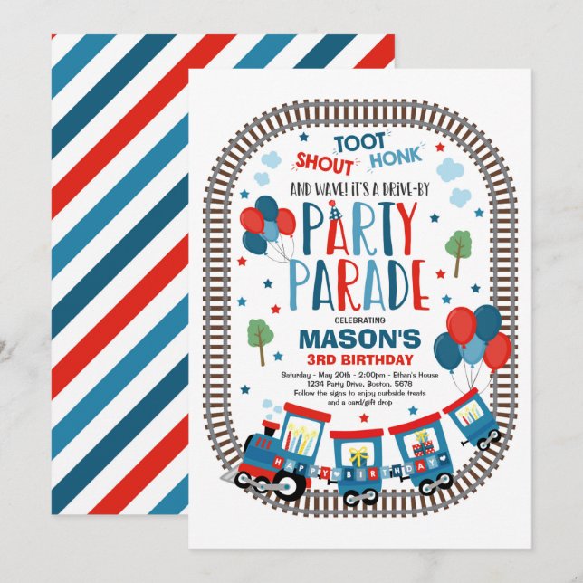 Drive By Birthday Parade Invite Choo Choo Train (Front/Back)