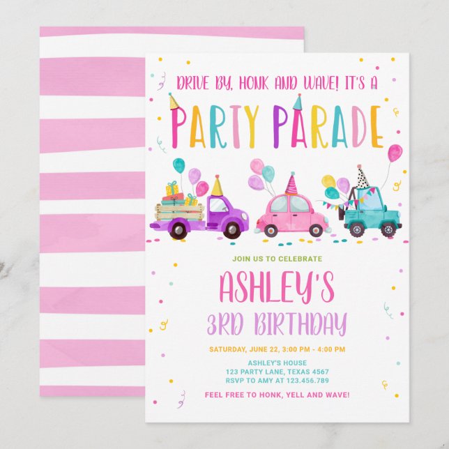Drive By Birthday Party Parade Pink Drive Through Invitation (Front/Back)