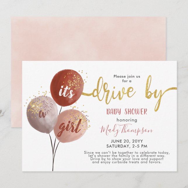 Drive by Blush Balloon and Sparkles Baby Shower Invitation (Front/Back)