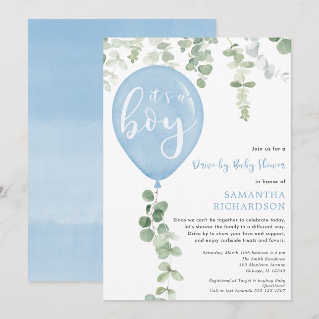 Drive-by boy baby shower blue balloon eucalyptus invitation (Front/Back)