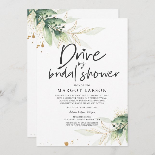 Drive By Bridal Shower Invitation Greenery & Gold (Front/Back)