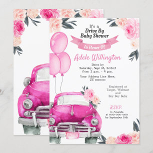 Drive By Car Floral Pink Roses Rustic Elegant Invitation