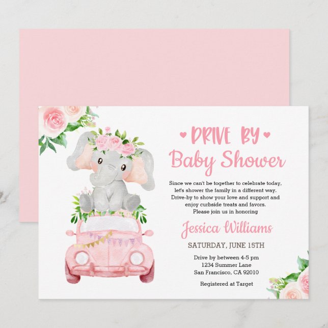 Drive By Elephant Baby Shower Girl Invitation (Front/Back)