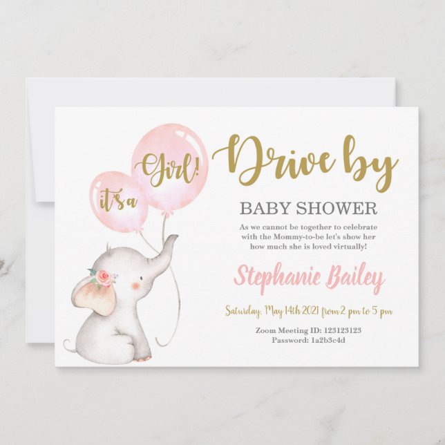 Drive by elephant Baby Shower girl Invitation (Front)