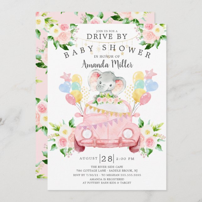 Drive By Elephant Girls Baby Shower Invitation (Front/Back)