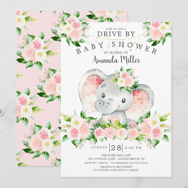 Drive By Elephant Girls Baby Shower Invitation (Front/Back)