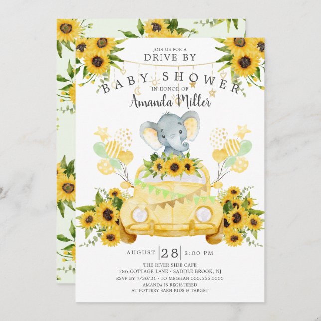 Drive By Elephant Neutral Baby Shower Invitation (Front/Back)