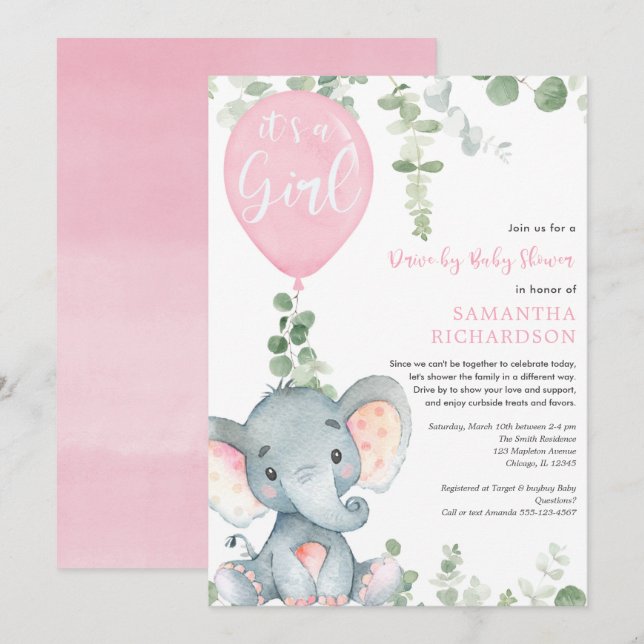 Drive-by girl baby shower cute elephant greenery invitation (Front/Back)