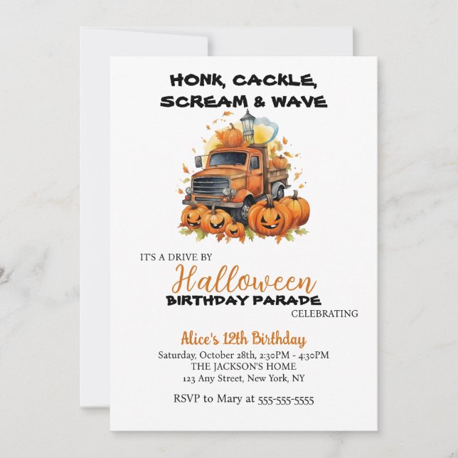 Drive By Halloween Pumpkin Party Birthday  Invitation (Front)