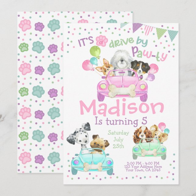 Drive by Invitation, Puppy Birthday Invitation (Front/Back)