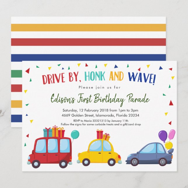 Drive by Kid's Birthday Party Parade Invitation (Front/Back)