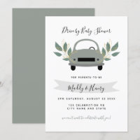 Drive by neutral boy baby shower greenery grey