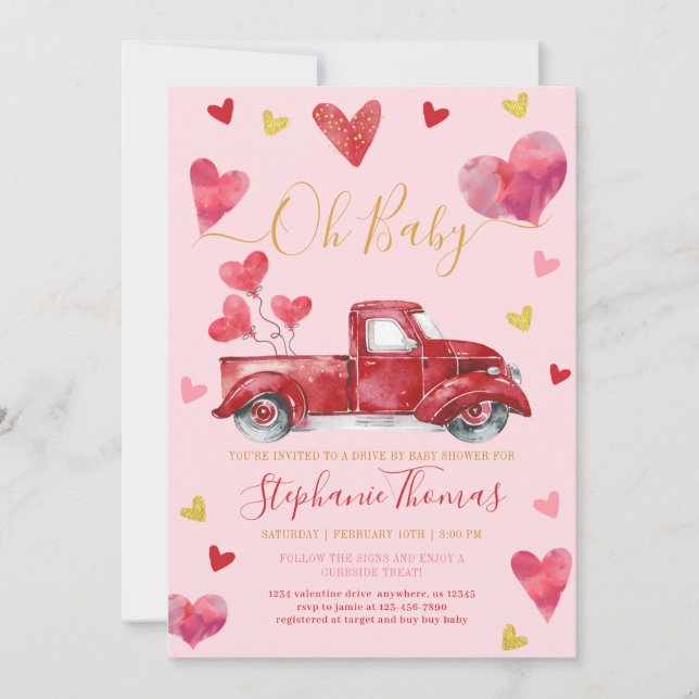 Drive By Pink Valentine Baby Shower with Hearts Invitation (Front)