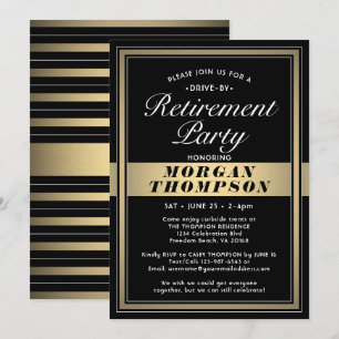 Drive-By Retirement Party Black White and Gold Invitation