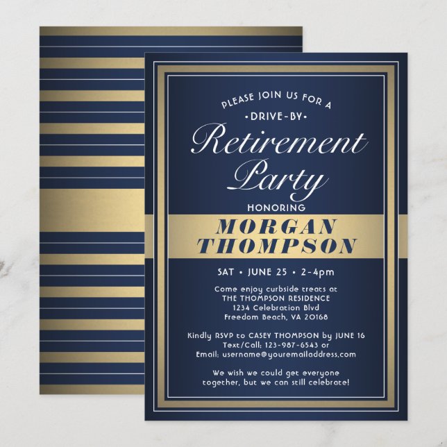 Drive-By Retirement Party Navy Blue White and Gold Invitation (Front/Back)