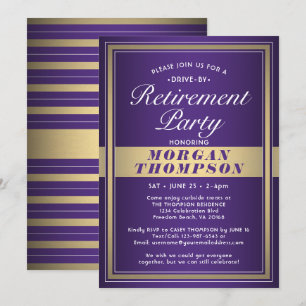 Drive-By Retirement Party Purple White and Gold Invitation
