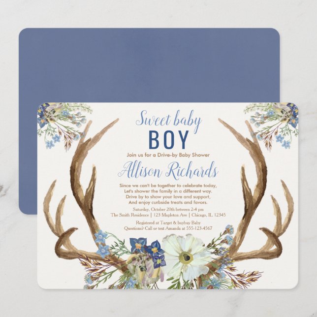 Drive-by rustic antlers blue green floral boy baby invitation (Front/Back)