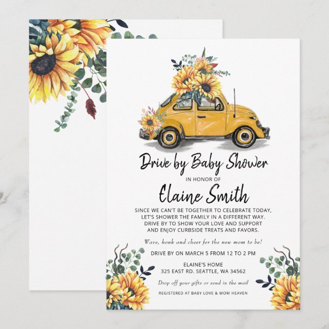 Drive By Sunflower Gender Neutral Baby Shower Invitation (Front/Back)