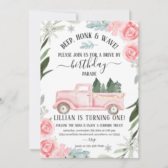 Drive By Winter Birthday Invitation Floral (Front)