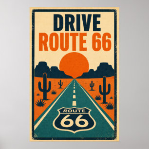 Drive Route 66 Desert Litho Poster