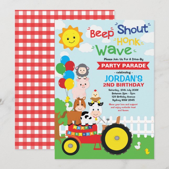 Drive Through Birthday Party Parade Farm Animals Invitation (Front/Back)