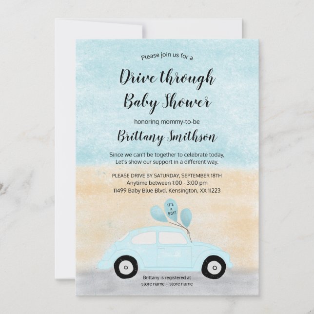 Drive through blue car baby shower invitation (Front)