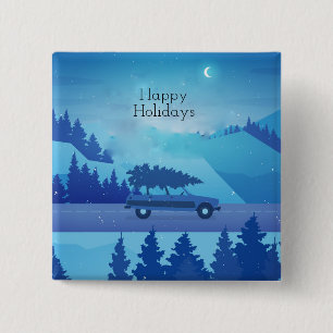 Driving down the road with a christmas tree 2 inch square button