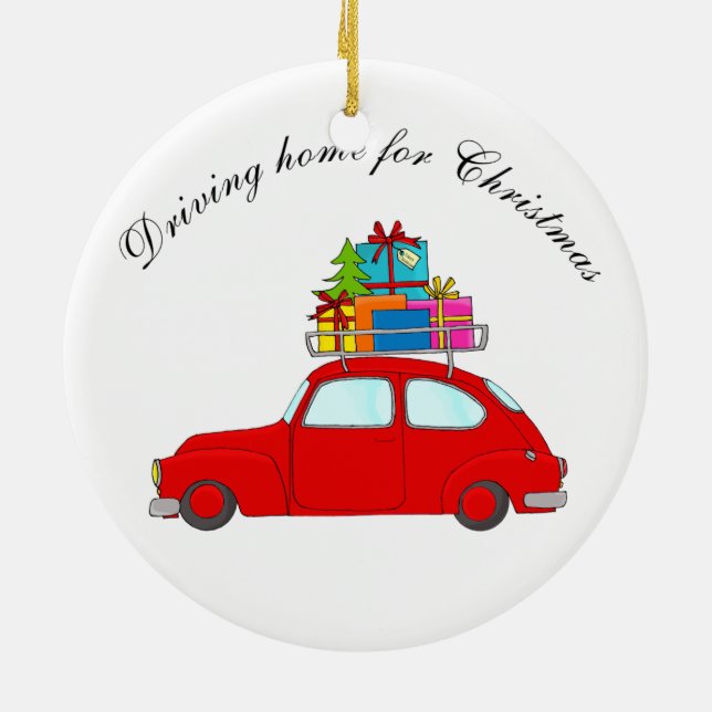 "Driving home for Christmas" car towing tree Ceramic Ornament (Back)