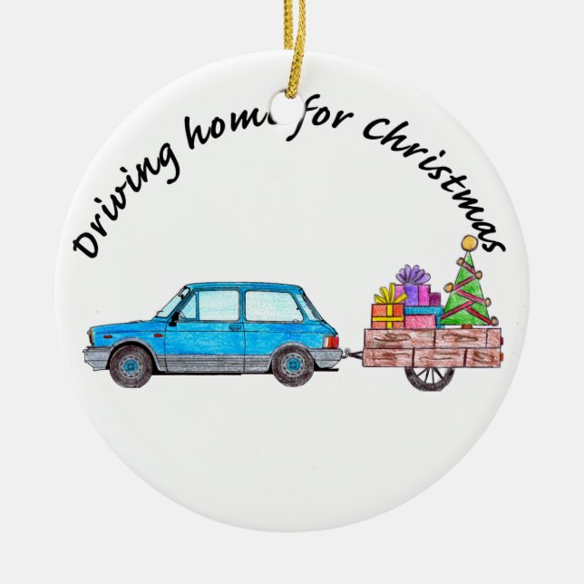 "Driving home for Christmas car with gifts Ceramic Ornament (Front)