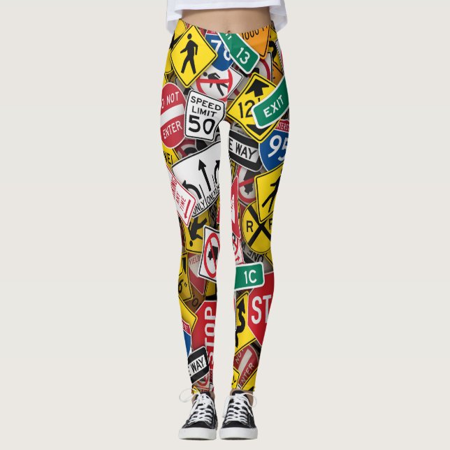 Driving Instructor Fun Road Sign Collage Leggings (Front)