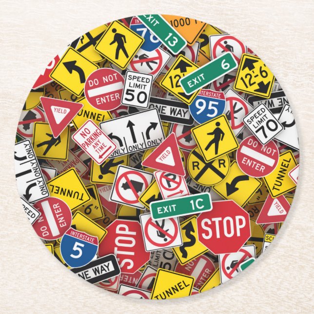 Driving Instructor Fun Road Sign Collage Round Paper Coaster (Front)