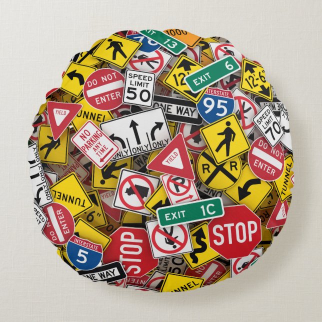 Driving Instructor Fun Road Sign Collage Round Pillow (Front)
